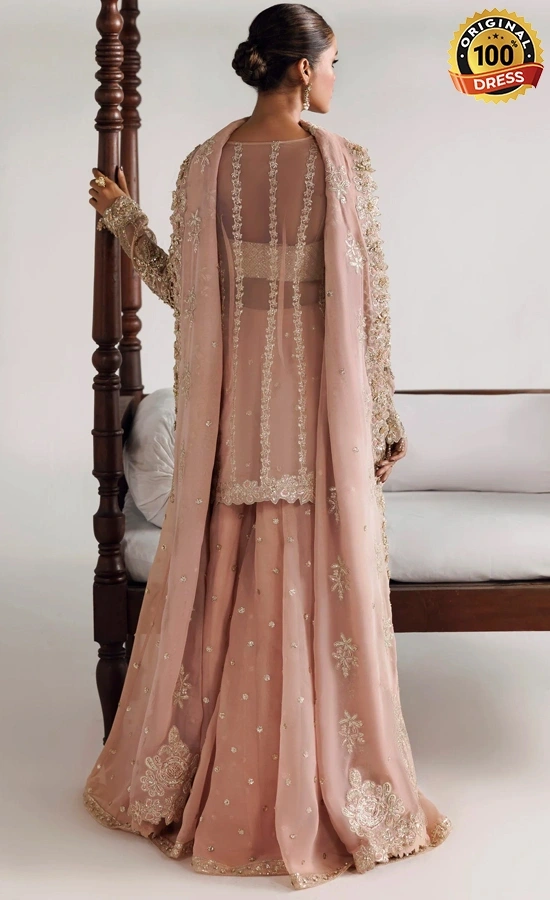 akistani peach lehenga for wedding guests with embroidered organza, chiffon and graceful formal styling