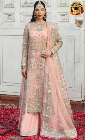 Punjabi pink suit for wedding guests with hand embroidery and elegant sharara design