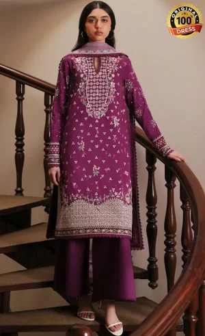 Afrozeh PK Embroidered Printed Lawn Lilace Dress (1)