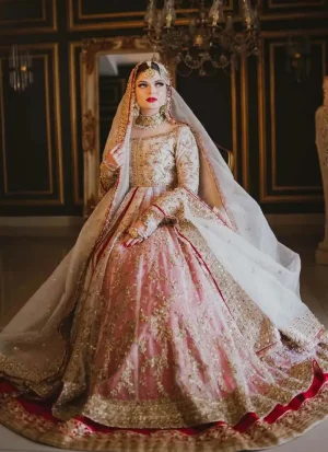 Pink and Gold Open Gown with Lehenga 3