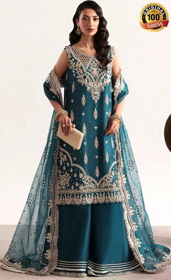 Akbar Aslam Embroidered Silk Teal Dress (1) Akbar Aslam Embroidered Silk Teal Dress (1)