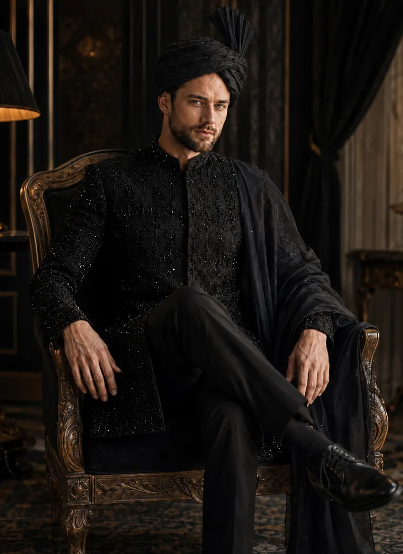 Black embroidered sherwani for groom with matching turban and black shawl