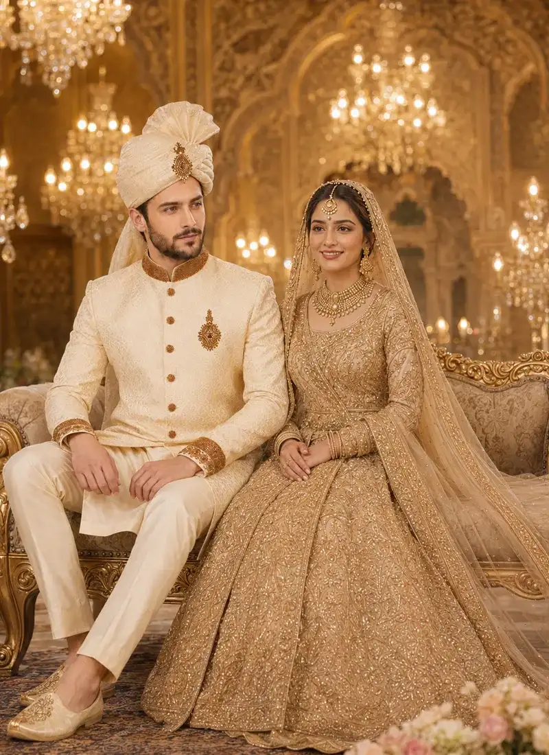 Groom in a cream and gold sherwani standing beside the bride