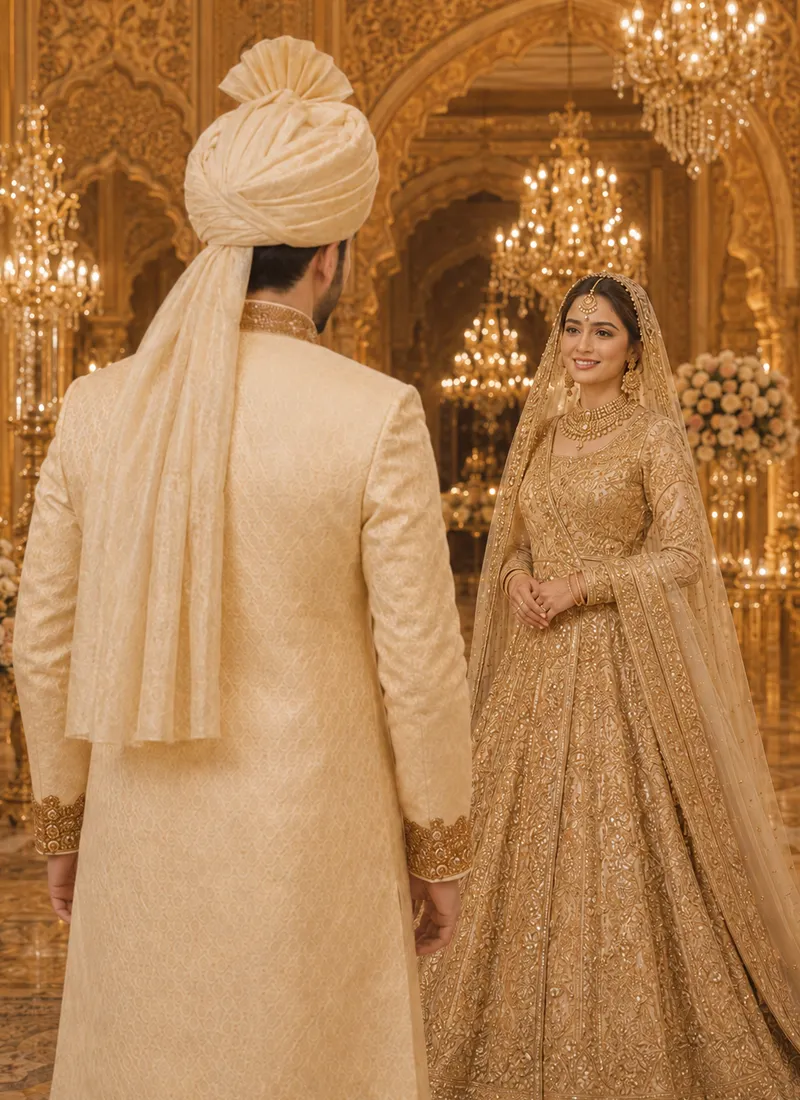 Back view showing the full length of the cream sherwani