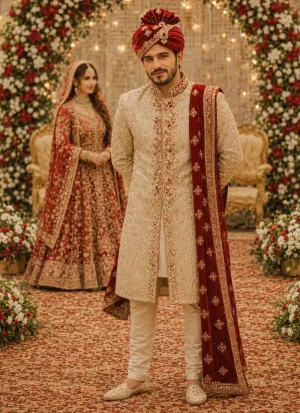 Groom wearing a golden sherwani with a deep red turban at a wedding