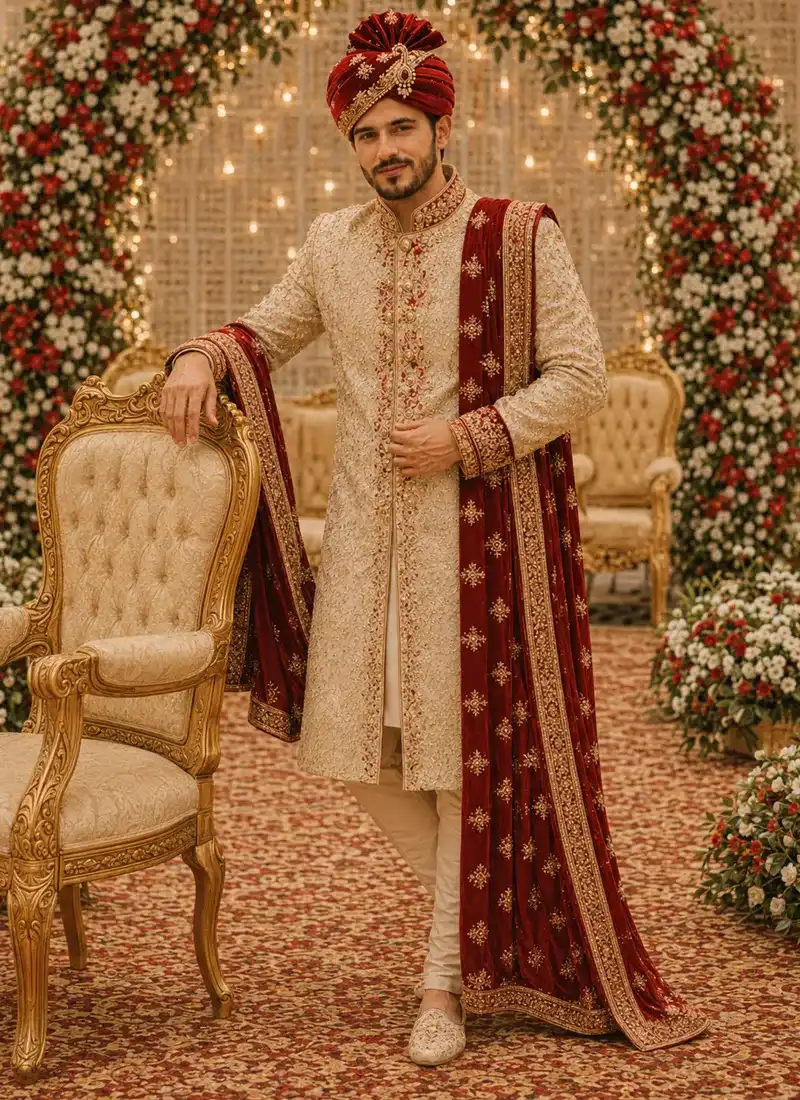 Golden sherwani for the groom, full-length front view with embellished buttons