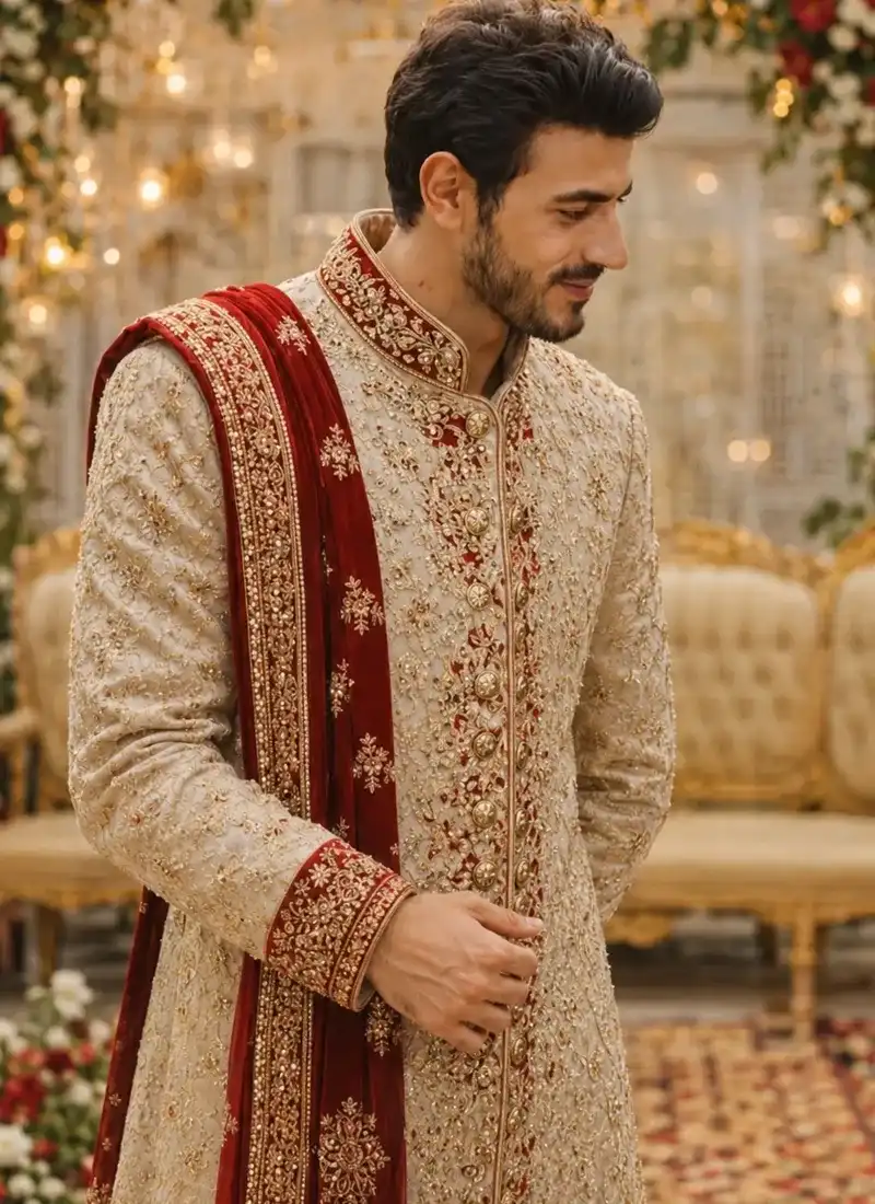 Close-up of gold embroidery with deep red detailing
