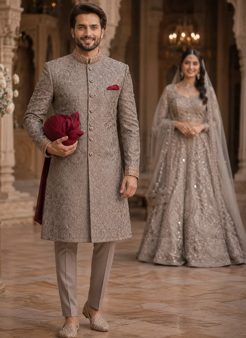 gray-sherwani-for-groom-hand-embroidery-full-length.webp Grey embroidered sherwani for groom with matching trousers and burgundy pocket square