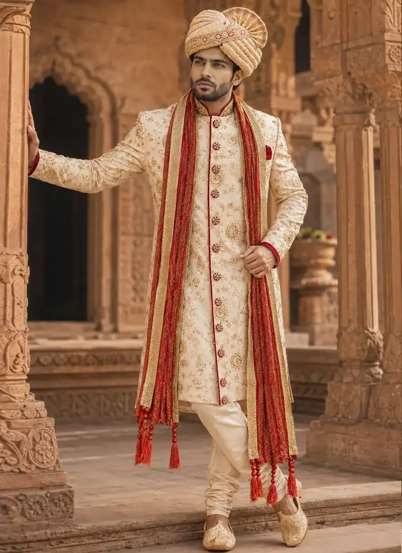 Ivory and gold wedding sherwani for groom with red shawl and traditional turban