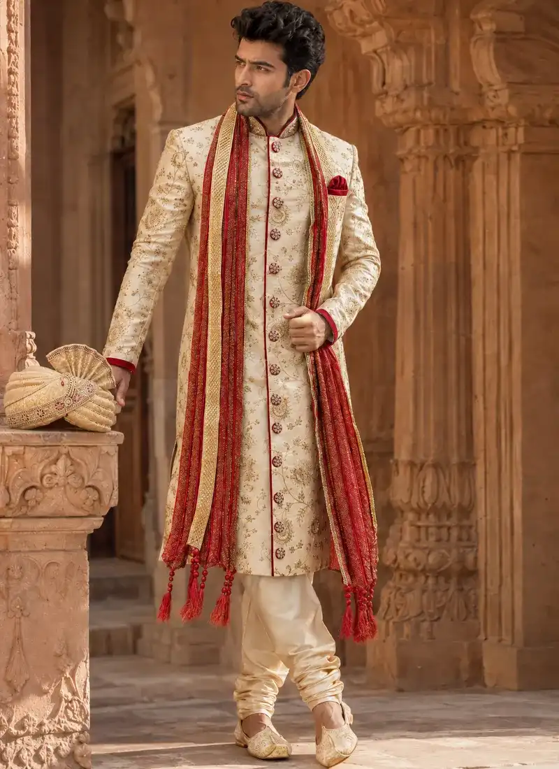 Full-length Pakistani groom sherwani in ivory and gold with red wedding shawl