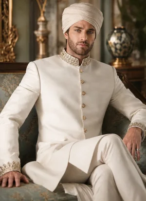 Groom seated in a white sherwani with an ivory and gold turban