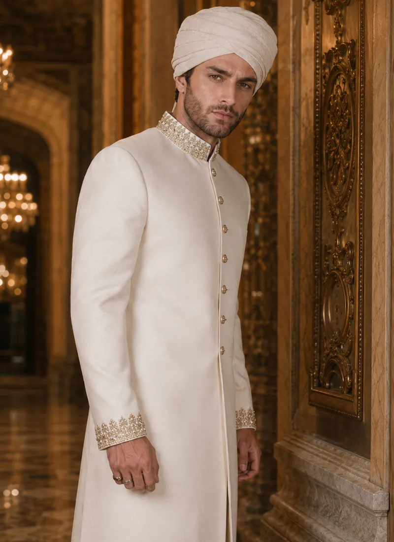 Groom in a white and gold sherwani in a full wedding look