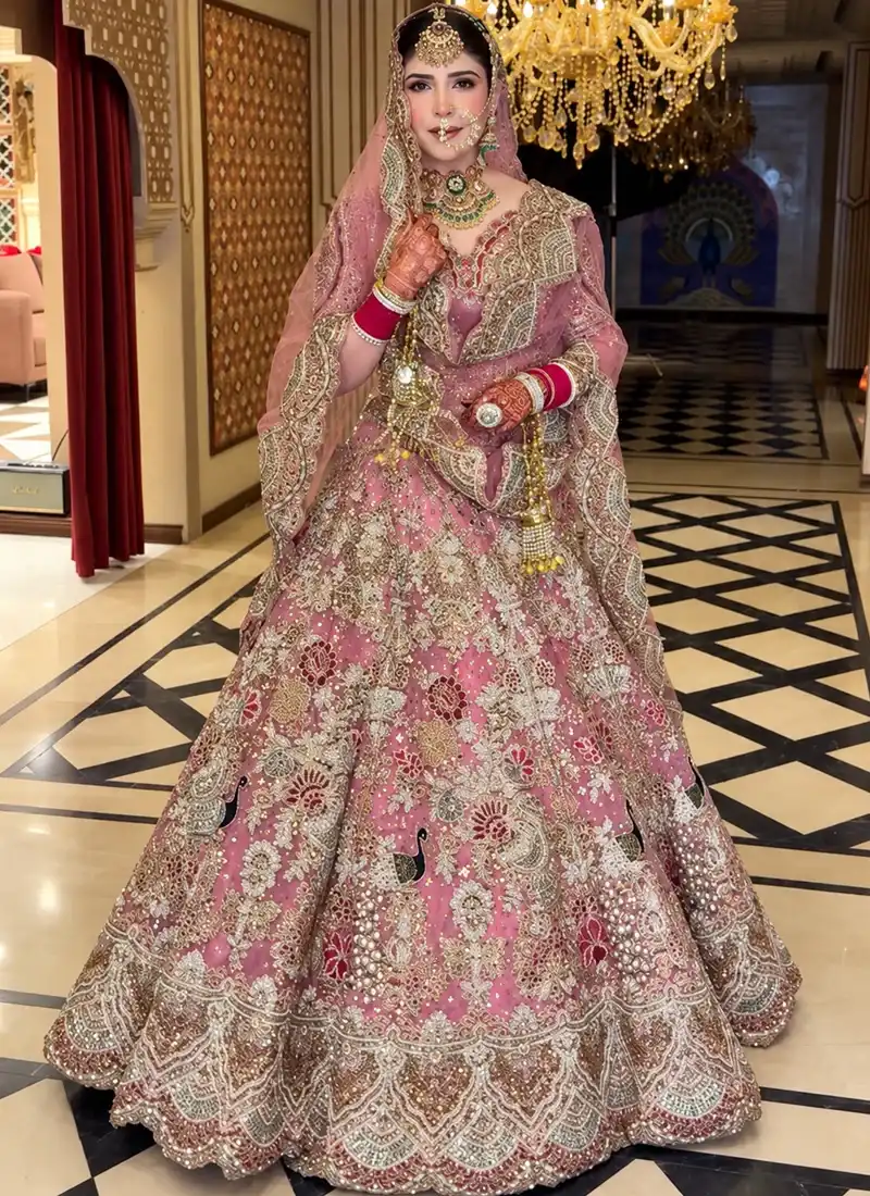Baby Pink Indian Bridal Lehenga Choli with Multicolour Crystal Dabka Video