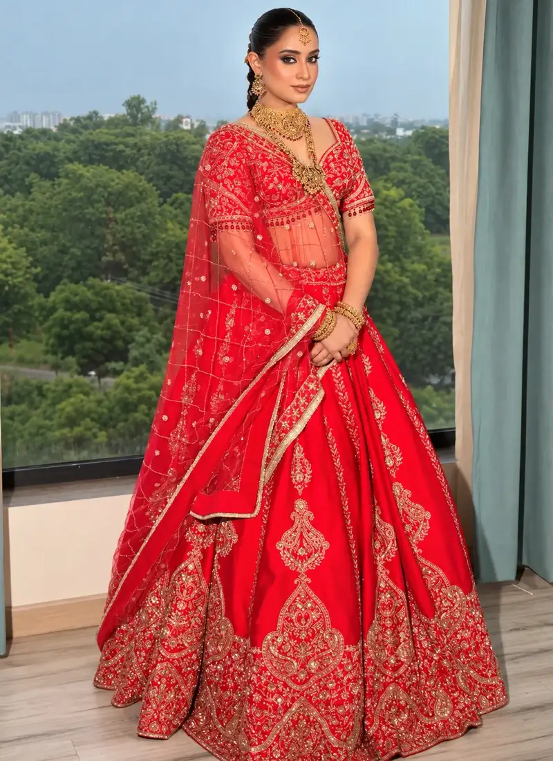 Scarlet Red Indian Bridal Lehenga Choli with Gold Paisley Embroidery & Beaded Blouse Video