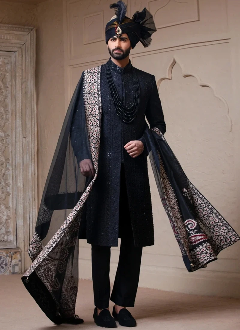 Black Sherwani with Black Shawl and Turban Black sherwani with matching black shawl and turban for groom wedding wear