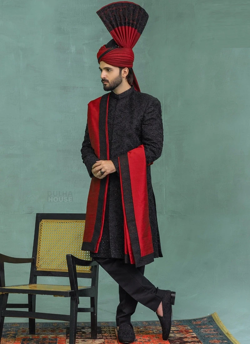 Black Sherwani with Red Shawl and Turban Black sherwani with red shawl and matching turban for groom wedding wear