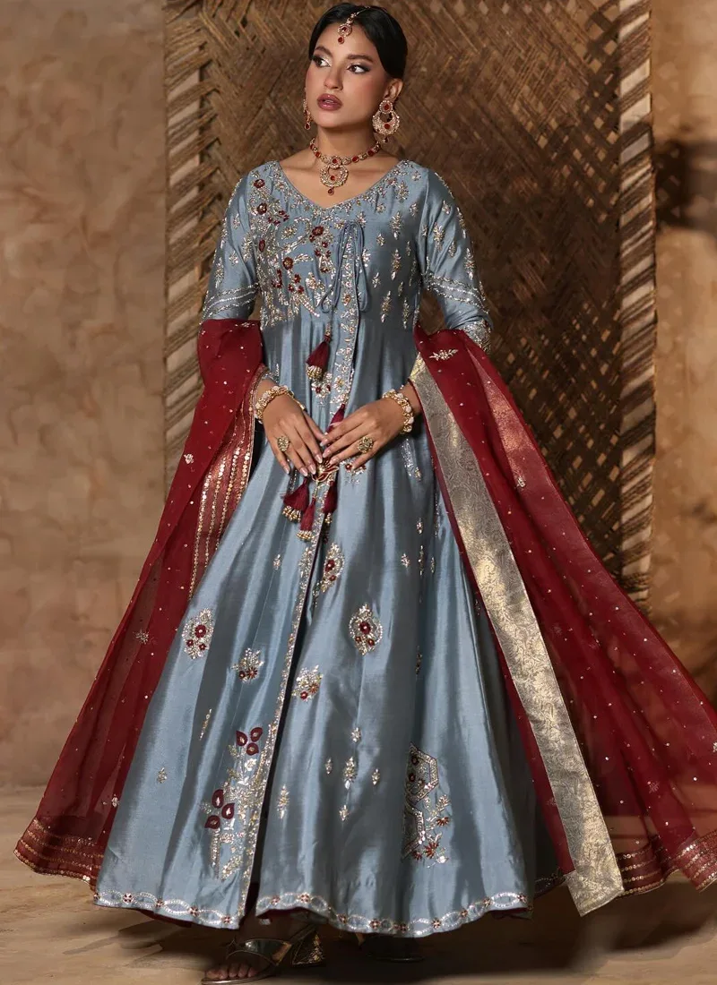 Bluish Grey Pakistani Bridal Angrakha Peshwas Video