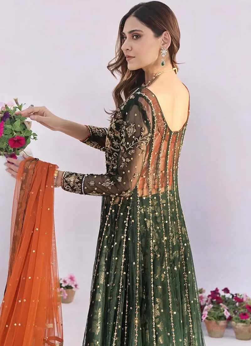 Bottle green formal open gown with gold and orange front edging, sheer full sleeves and an orange Masuri dupatta