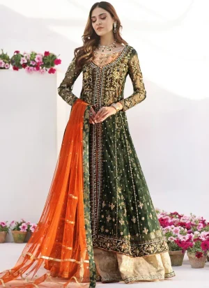 Bottle green open gown in organza with gold, rose-gold and silver work, brocade trousers and orange Masuri dupatta