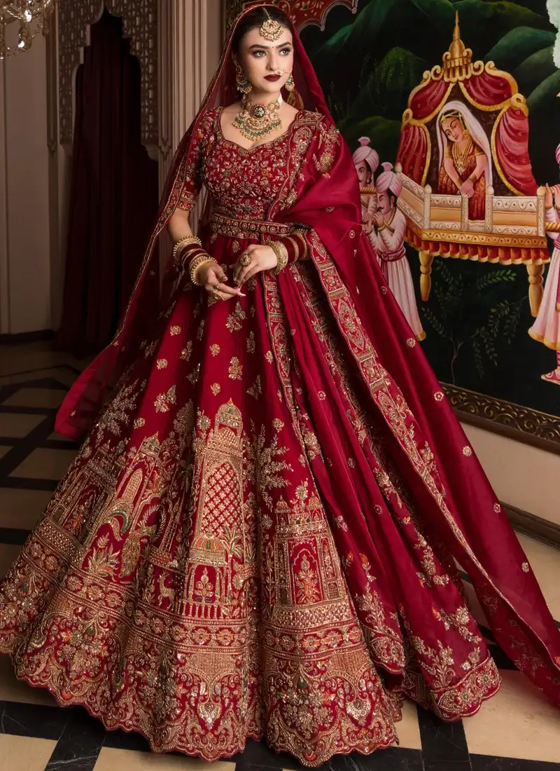Candy Red Indian Bridal Lehenga Choli with Floral Resham & Architectural Motifs Video
