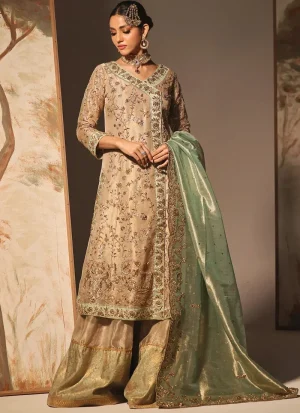 Champagne gold salwar kameez with Laama silk Angrakha shirt, Masuri shalwar and contrast mint Masuri dupatta