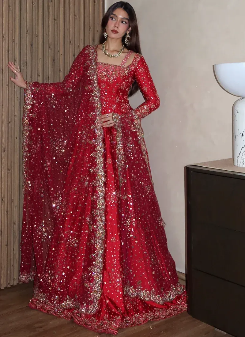 Crimson Red Indian Bridal Pishwas with Resham Floral Embroidery Video