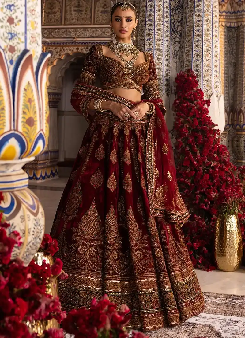 Deep Maroon Indian Velvet Bridal Lehenga Choli with Antique Gold Paisley Embroidery Video