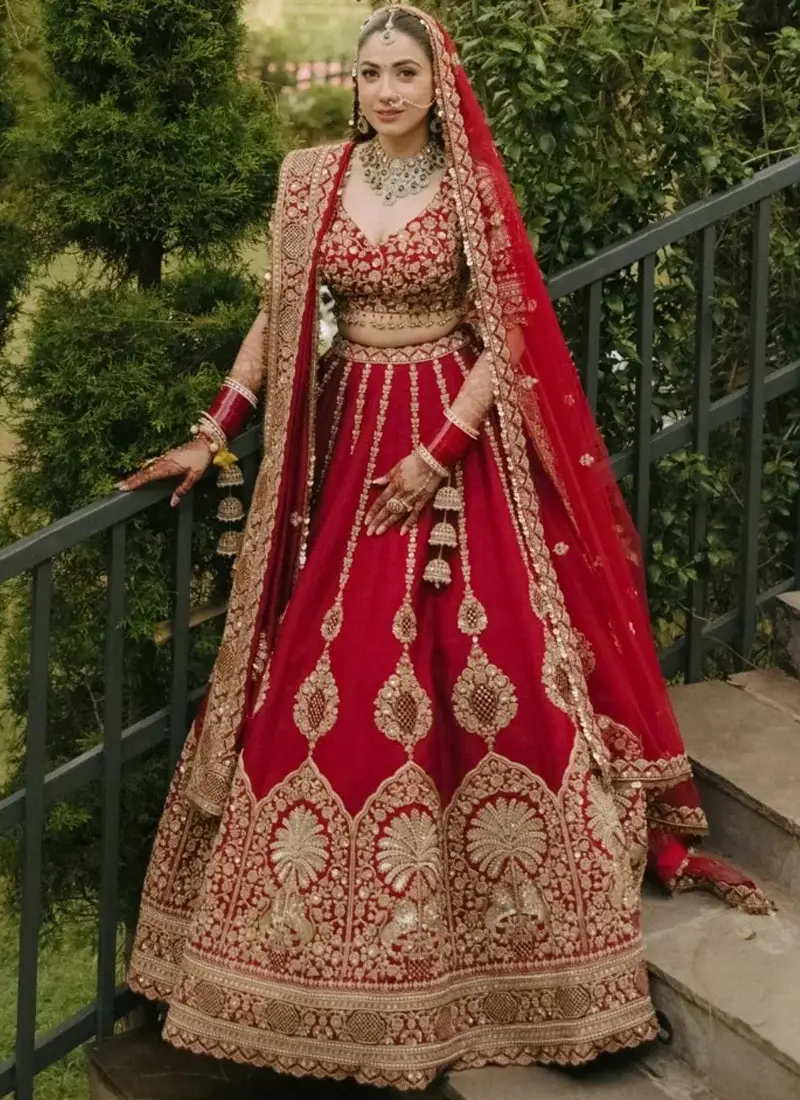 Deep Ruby Red Indian Bridal Lehenga Choli with Antique Gold Pendant Motifs & Arch Border Video