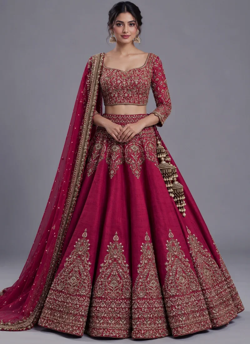 Embroidered Burgundy Bridal Lehenga Choli Burgundy bridal lehenga choli with antique-gold embroidery, arched hip motifs and a banded hem