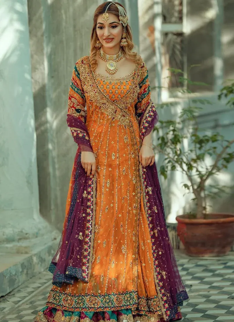 Mustard Orange Pakistani Bridal Angrakha for Mehndi with Multicolour Embroidery & Plum Dupatta Video
