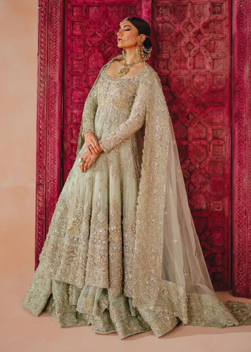 Embroidered sea green bridal lehenga with intricate handcrafted detailing for Baraat ceremony