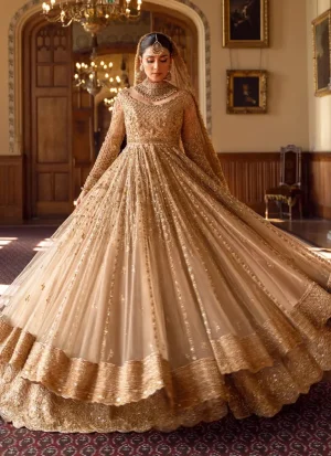 Hand embellished golden net pishwas with intricate bridal embroidery and elegant detailing