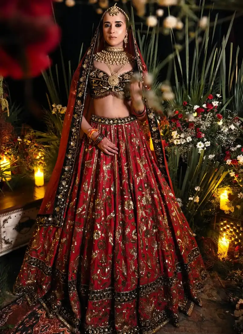 Crimson Red Velvet Indian Bridal Lehenga Choli with Black Velvet Blouse and Antique Zardozi Work Video