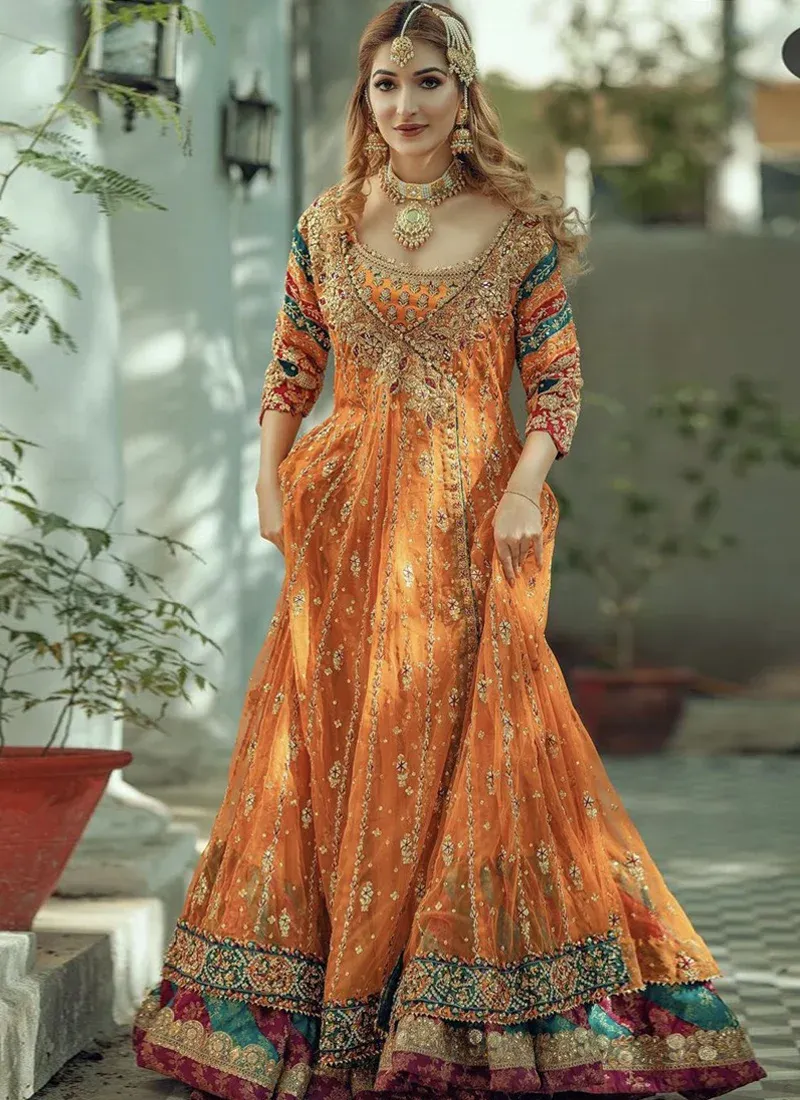 Mustard orange Mehndi bridal Angrakha with colourful embroidery and contrasting plum dupatta