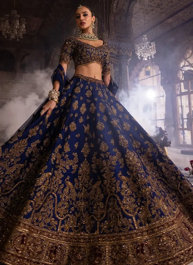 Navy Blue Indian Bridal Lehenga Choli with Gold Zardozi Kora Dabka & Peacock Motifs Video