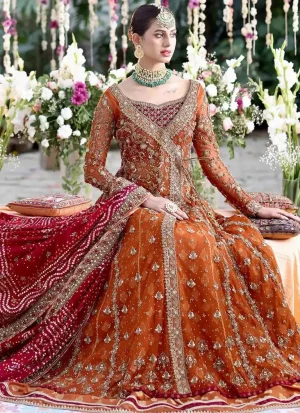 Orange and gold Angrakha for brides with elegant embroidery and traditional bridal styling