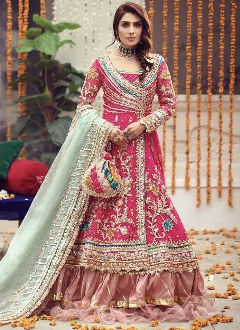 Shocking Pink Pakistani Bridal Angrakha with Ruffled Lehenga & Mint Dupatta Video