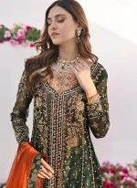 Pakistani Formal Gown with Dhaka Pajama Bottle Green Open Gown with Orange Dupatta Video