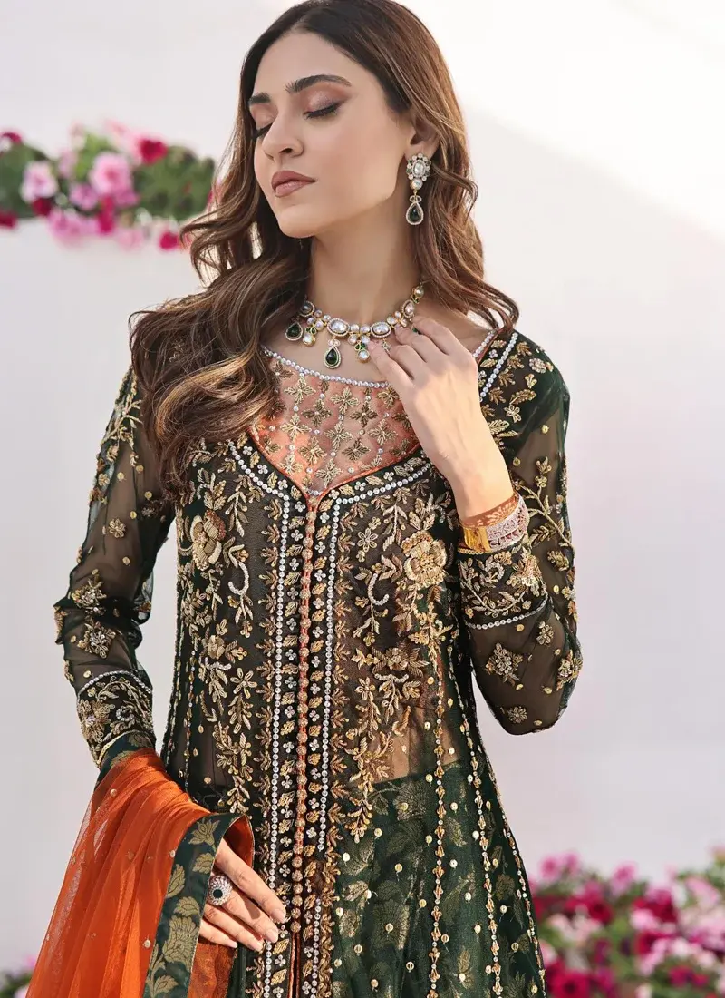 Pakistani Formal Gown with Dhaka Pajama Bottle Green Open Gown with Orange Dupatta Video