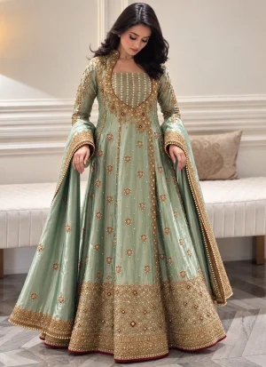 Sage green formal Angrakha in tissue silk with gold-toned embroidery, Katan silk trousers and a matching silk dupatta