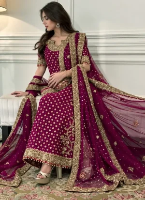Plum wedding guest dress with ankle-length chiffon shirt, American Katan silk trousers and matching plum dupatta