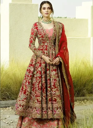 Red Open Frock with Embellished Lehenga