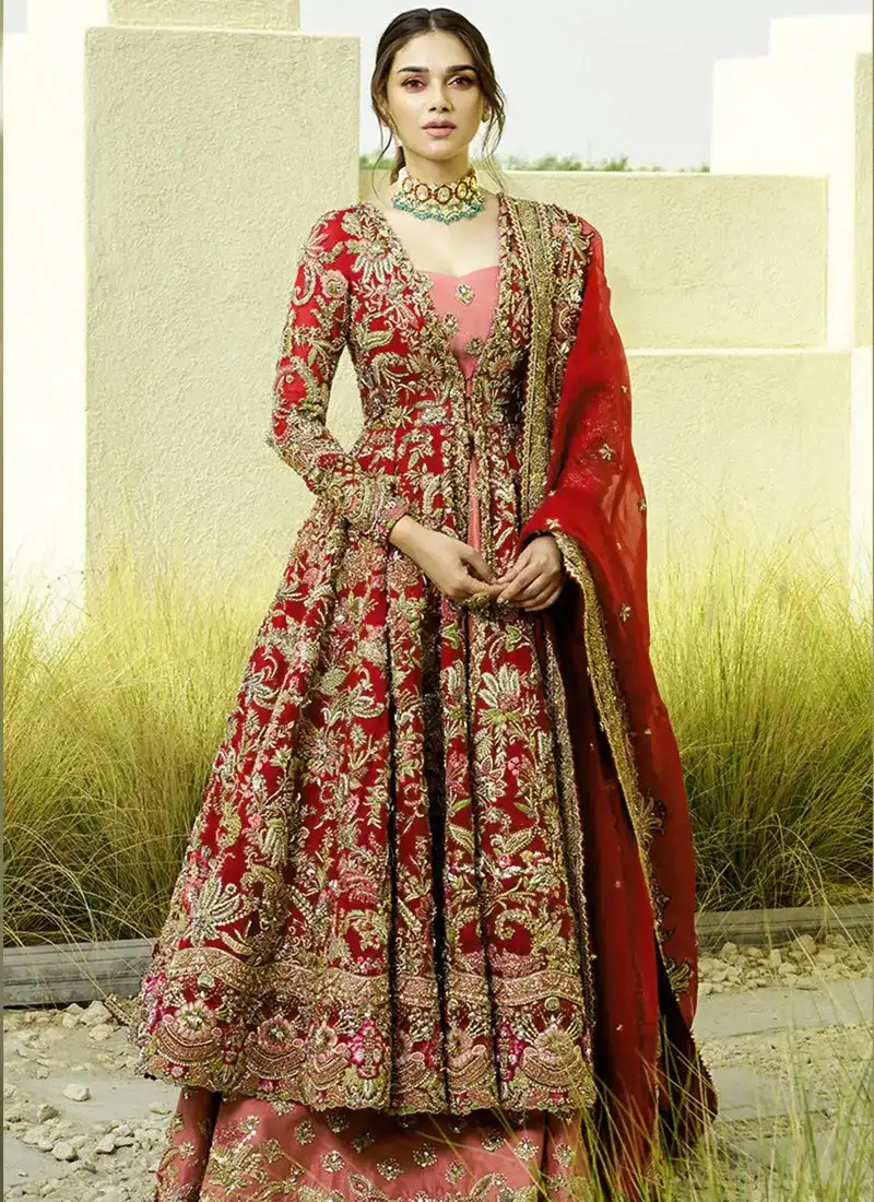 Red Open Frock with Embellished Lehenga 1 Red Open Frock with Embellished Lehenga