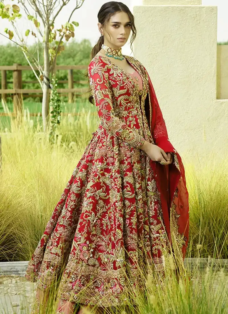 Red Open Frock with Embellished Lehenga