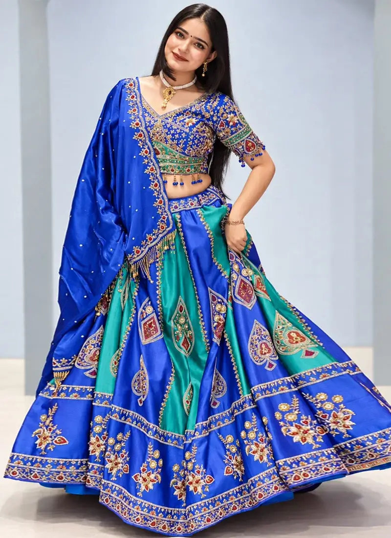 Royal Blue & Teal Green Indian Bridal Lehenga Choli with Multicolour Motifs Video