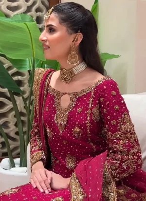 Ruby red zardozi long formal dress in chiffon with gold embroidery, Katan silk trousers and a matching chiffon dupatta