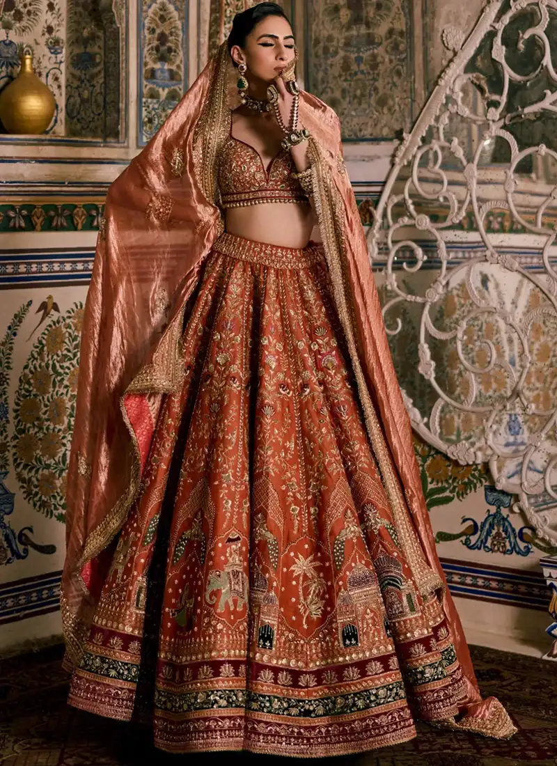 Rust Brown Indian Bridal Lehenga Choli with Zardozi Resham Embroidery Video