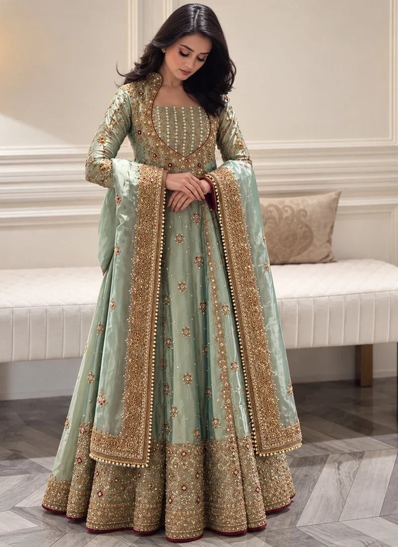 Sage green Pakistani Angrakha with asymmetric wrap V, eight-kali skirt and dense geometric gold work at the hem