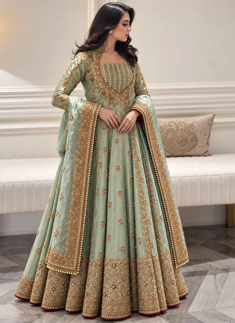 Sage Green Pakistani Formal Angrakha Dress Sage Green Formal Angrakha Dress Video