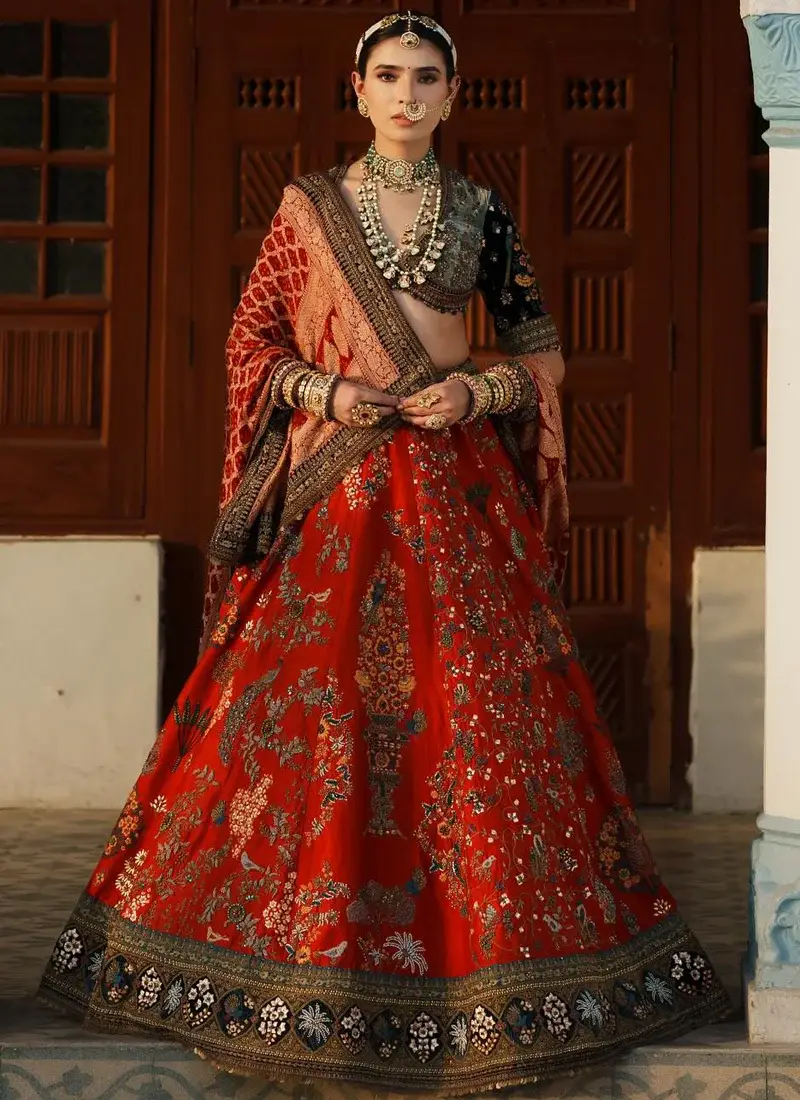 Vermilion Red & Forest Green Velvet Indian Bridal Lehenga Choli with Multicolour Heritage Motifs Video